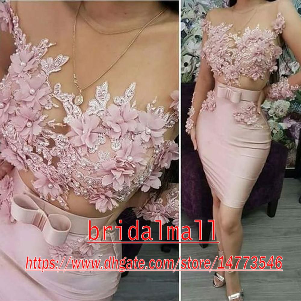 

Illusion 2020 Pink Short Cocktail Dresses Beaded 3D Flowers Tulle Sheath Evening Dress Sexy Formal Party Gowns Club Special Occasion Dresses, White