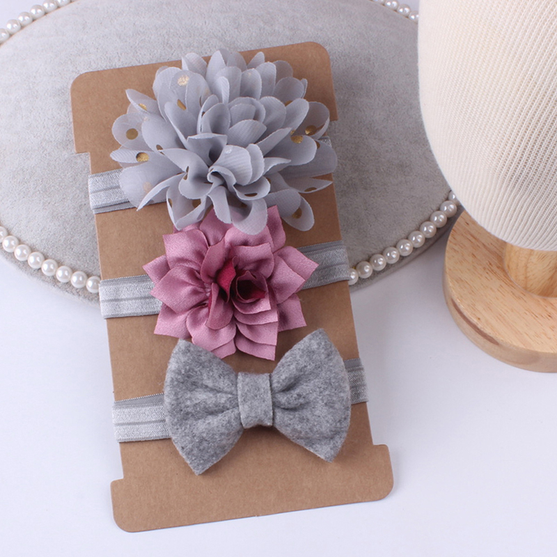 

3PCS/Set Kids Elastic Floral Hairband Set Children's Simple Solid Color Bow Hair With Suit Hair Bands for Baby Girls, Beige
