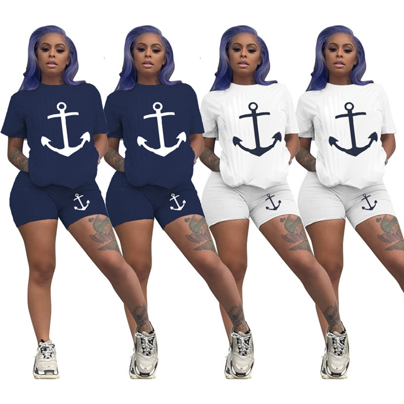 Femmes Anchor Print Outftis Solid Color Survêtement À Manches Courtes 2 Pièces Ensemble Sportswear T-shirts + Shorts Jogger Costume D'été Vêtemen