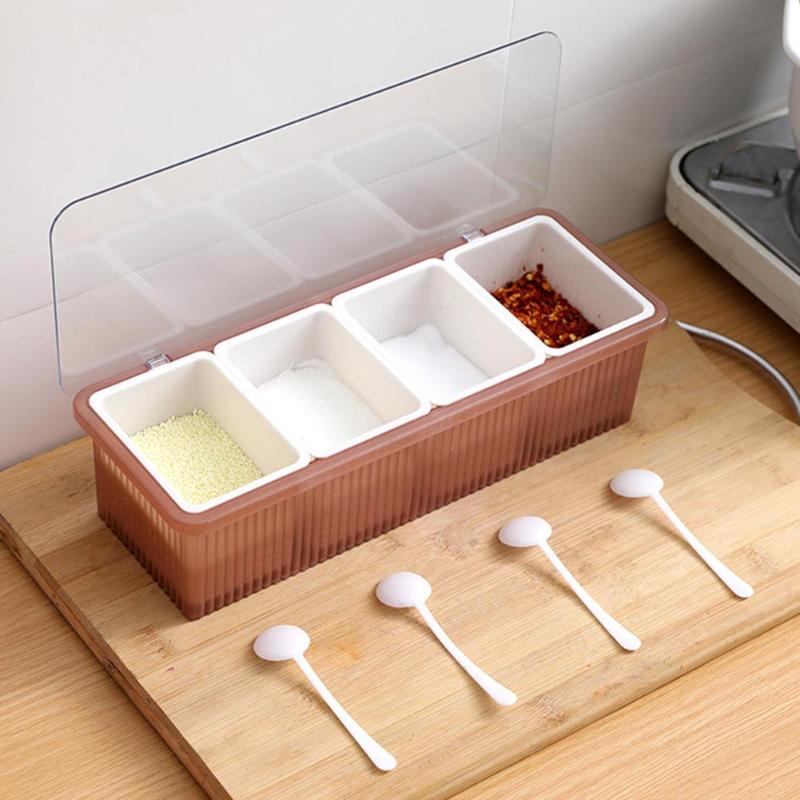 

4 Grids Home Kitchen Seasoning Spice Salt Storage Jar Box Container with Spoons New