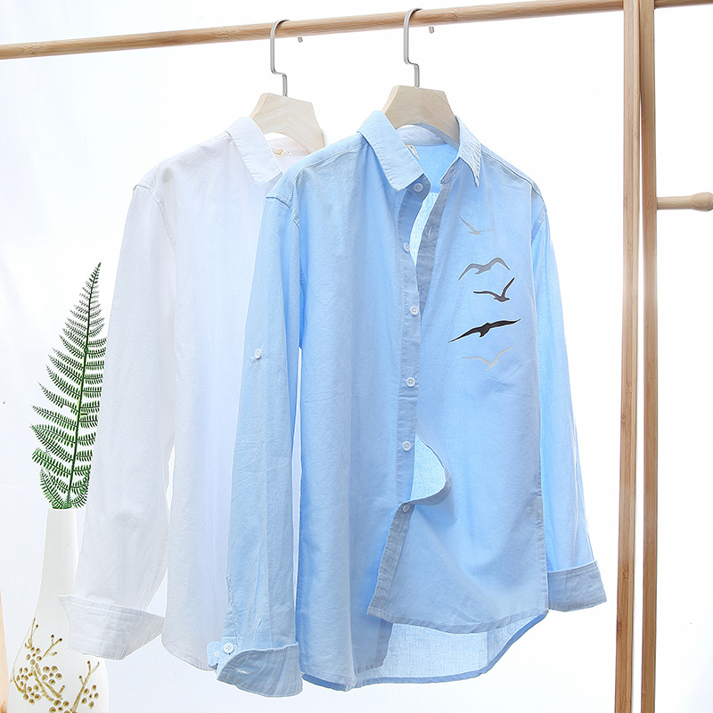 

New Arrival Mens Casual Printed Linen Shirts 2020 Fashion Long Sleeve Mens Clothing Slim Fit Linen Shirt Vacation Clothes, White