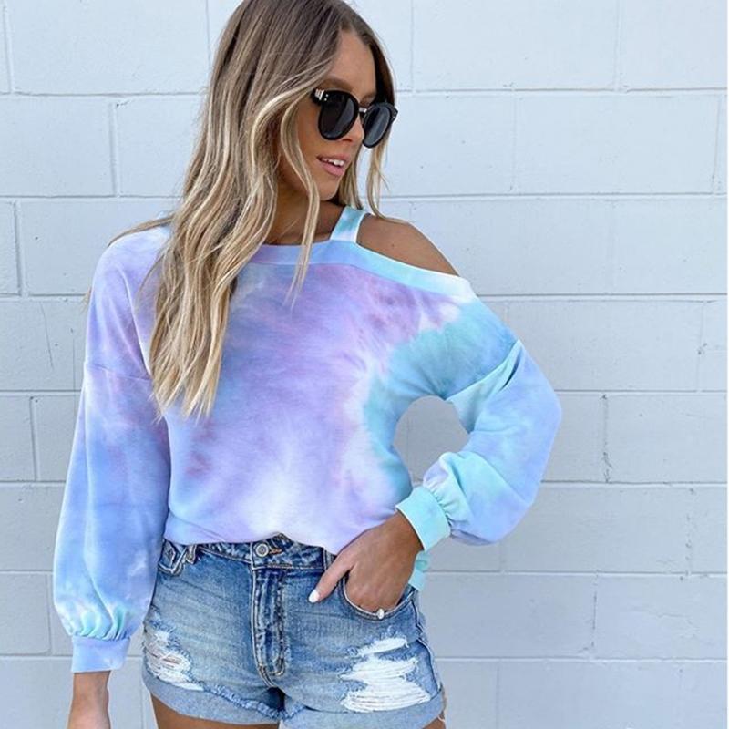 

Casual Rainbow Blouses Shirts Cold Shoulder Tie-Dye Print Tops Blusa 2020 Long Sleeve Blousa Gradient Pullovers Streetwear @C22