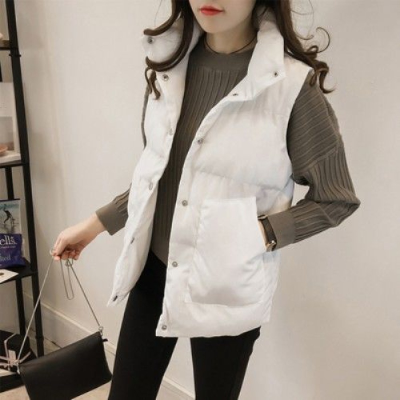 

Women' Korean Style Solid Sleeveless Winter Keep Warm Winter Vest Coat Single Women Breasted Loose Thick Fashion Vest, White