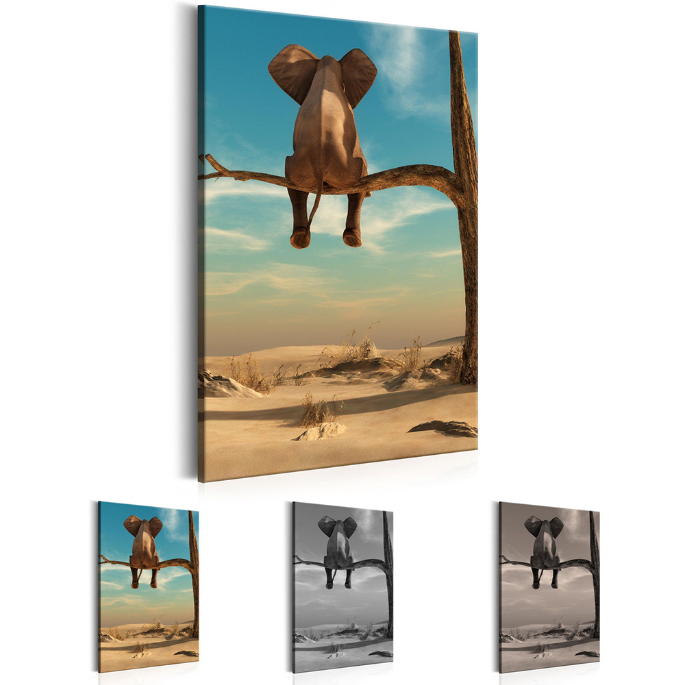 

Unframed 1 Panel Large HD Printed Canvas Print Painting Elephant in Creative Desert Sits on Tree Looking at Scenery Home Decoration Wall Pic