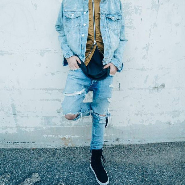 

Trendy Men Skinny Jeans Biker Destroyed Frayed Fit Denim Ripped Denim Pants Side Stripe Pencil Pants Hip Hop Streetwear, Blue