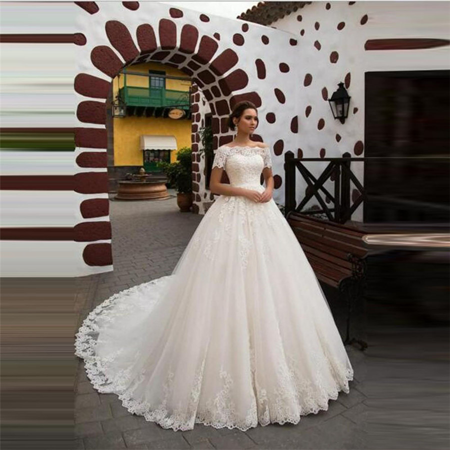 

Modest Bateau Short Sleeves Lace Appliques A-Line Wedding Dresses Gown Garden Long Bridal Gowns Formal Princess Custom Made Robe De Mariee