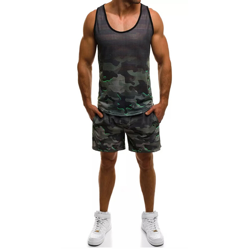 

Men's T-Shirts Mens Tracksuit Sleeveless Vest Shorts Jogging Camouflage Summer Casual 2 Piece Short Set Urban Wind Track Suits, As pic