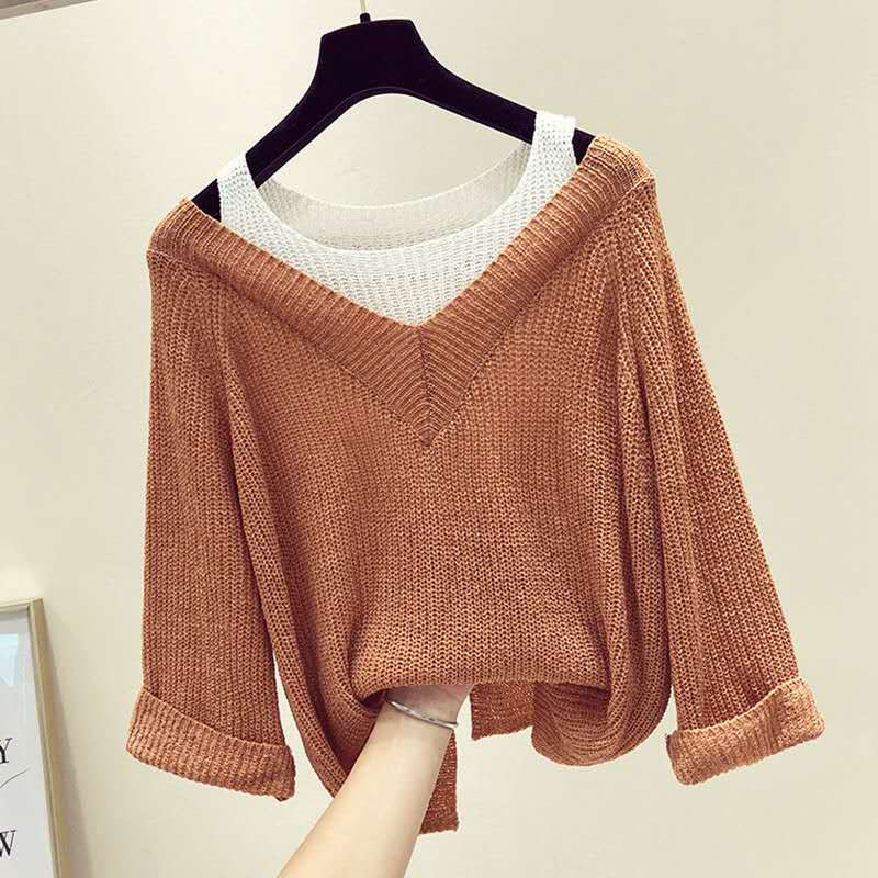 

Fake Two-piece Sexy Off-the-shoulder Sweater Female Long-sleeved Loose Lazy Bottoming Knitted Sweater Pullover Women Spring, Black