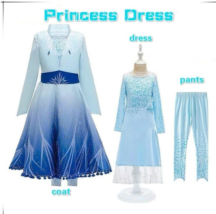 

2020 Girl Snow queen 2 II Princess Dress Coat Pants Baby Snowflake Costume Party Cosplay Fancy Dresses Three pieces MF 005, As picture