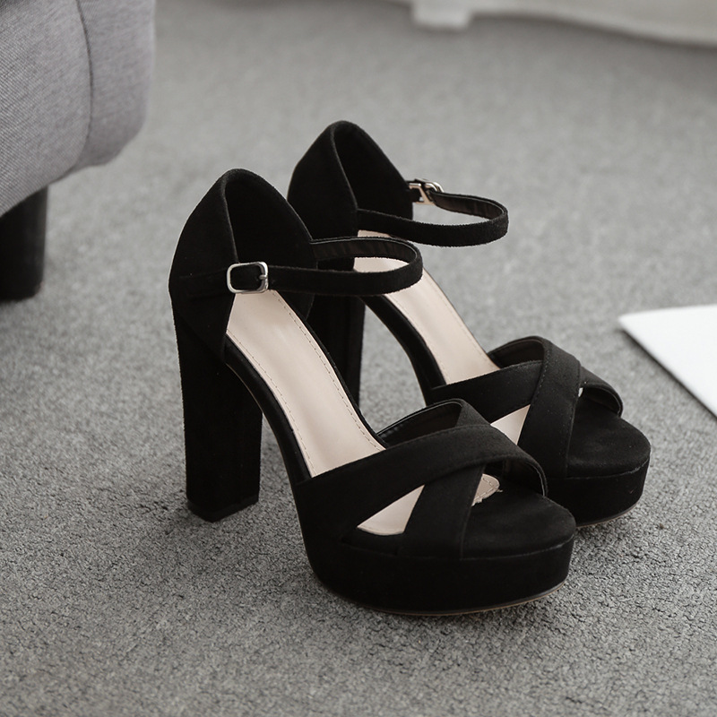 

Cross Back band flock platform sandals women closed heels ankle strap shoes woman antiskid chunky super high heels muffins mujer, Black