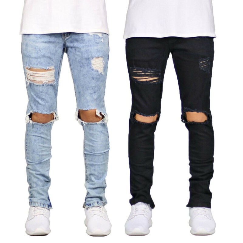 

Hot Fashion 2020 Mens Jeans Zipper Ripped Hole Skinny Motorcycle Trousers Destroyed Frayed Slim Fit Denim Pants Classic Trousers, Black