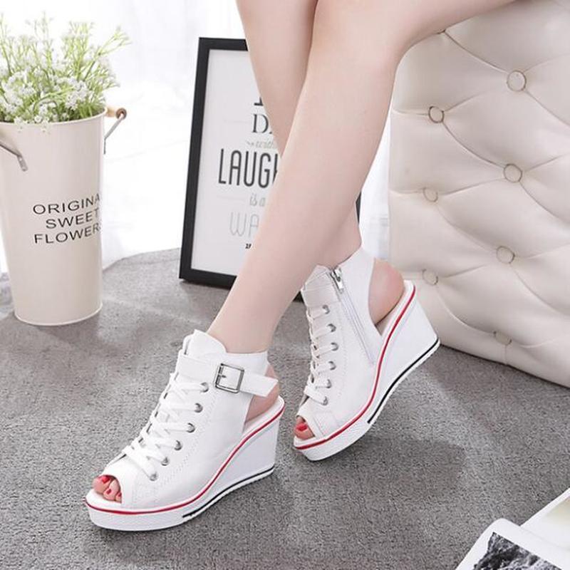 Nouveau dames Sandales plateforme d'été à bout ouvert sandales femme Slope Chaussures avec la plate-forme Wedge Sandales Noir Blanc Rose Rouge