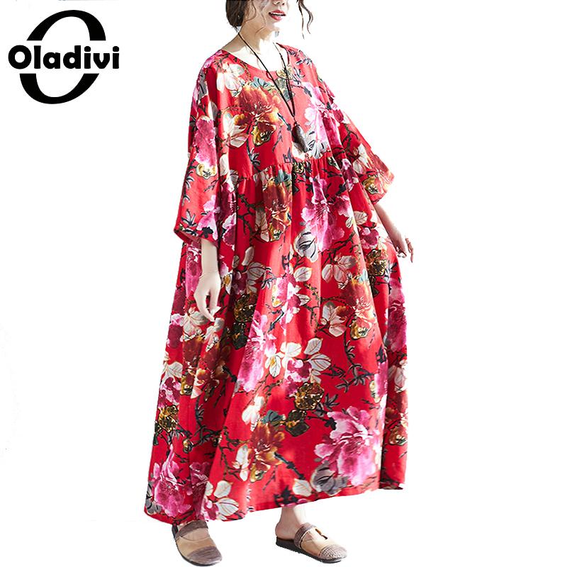 

Oladivi Plus Size Women Cotton Linen Fower Print Maxi Long Dress Ladies Bohemian Dresses 2020 Summer New Female Tunics Vestidios, Blue