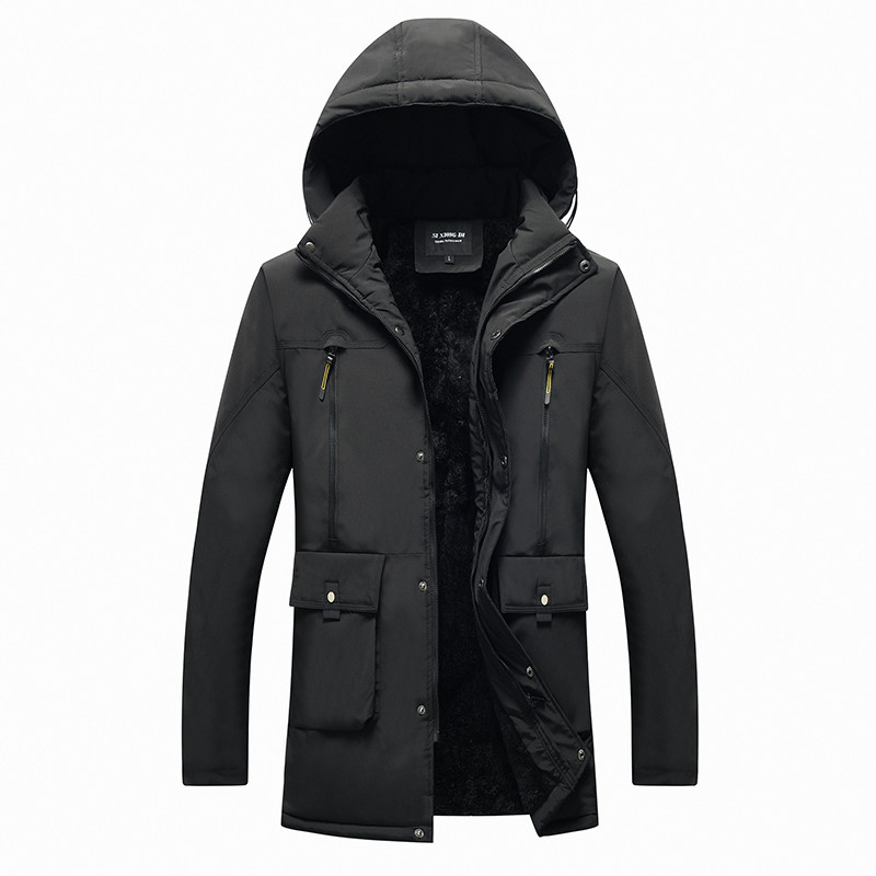

2019 Winter Men Long Cargo Jacket Thick Velvet Thermal Down Parkas Casual Warm Padded Coats New Male Outwear, Black
