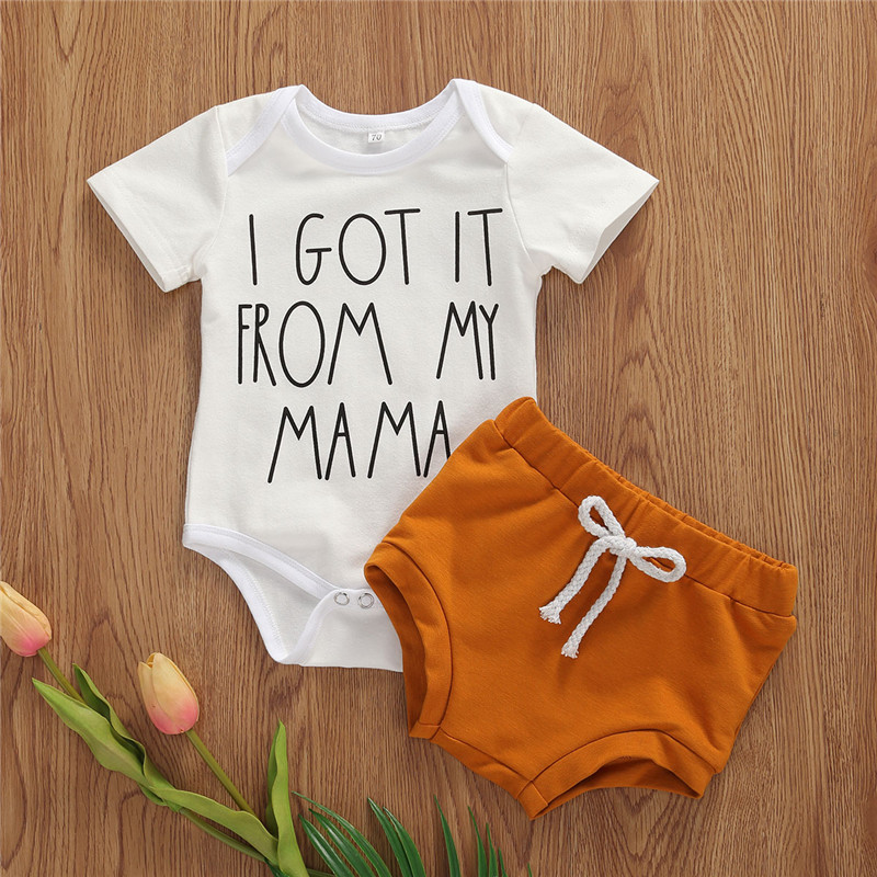 

2Pcs Breathable Baby Girls Boys Outfit, Summer Infant Short Sleeve Round Collar Letter Pattern Romper + Solid Color Shorts Set, White