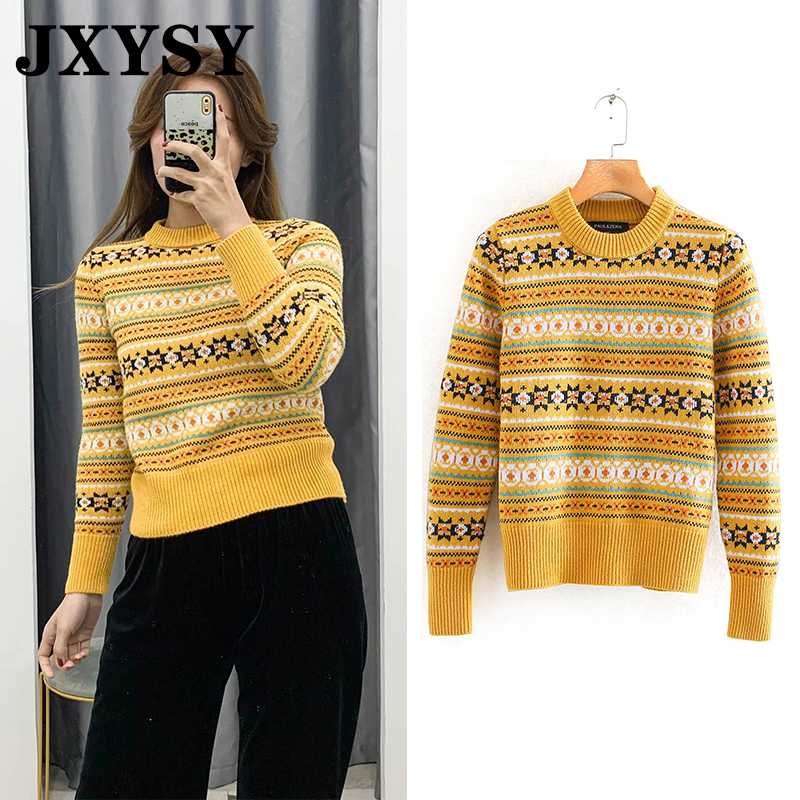 

JXYSY sweaters women vintage folk-custom hit color texture o-neck knitting jumper pull femme sweaters women pullovers tops, Picture color