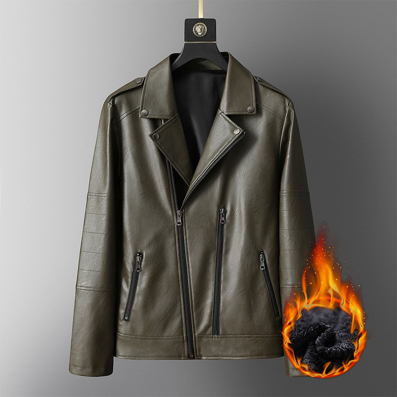 

Fleece Thick Leather Coat Mens Motorcycle Leather Jacket Men Faux Jackets and Coats Diagonal Zipper Pu Outwear, Black