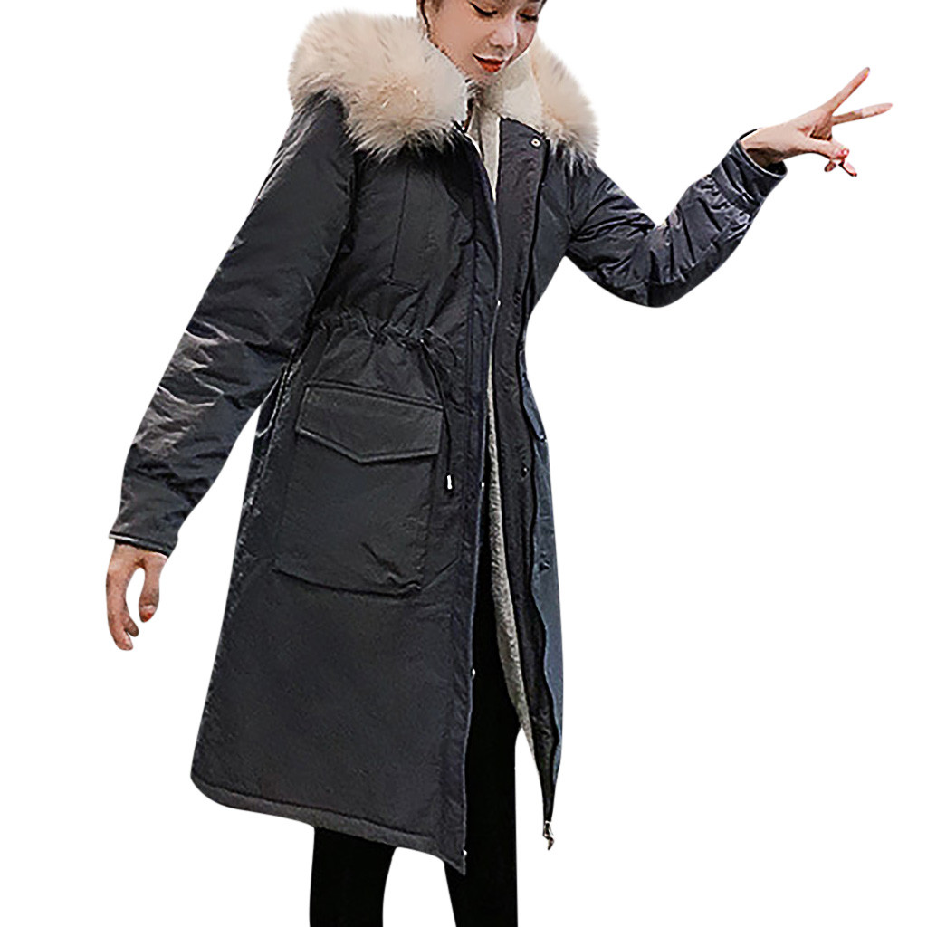 

Fashion Winter Coat Women Wool Wadded Hoodie Drawstring Long Jackets Black White Outwear Coat Women Parka Manteau Femme Hiver