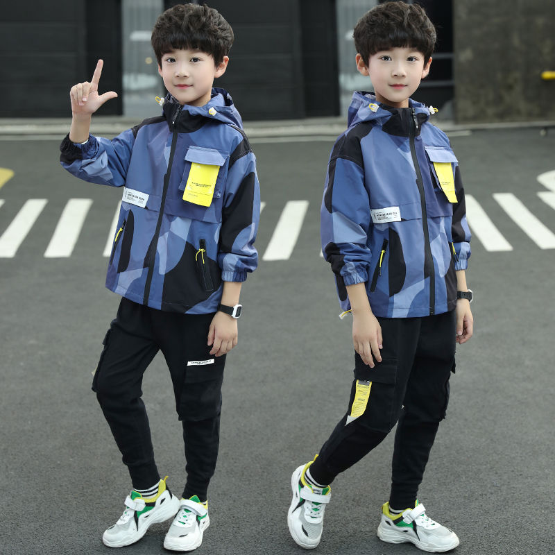 

hot sale baby boys clothes sets 4-11 years old spring autumn 2-pieces-sets Large pocket camouflage windbreaker jacket + pants, Blue