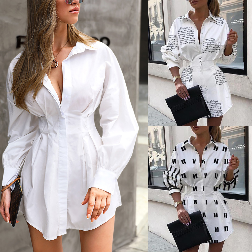 

Letter print sexy mini short shirt dress Women white long sleeve party club dress Winter autumn elegant bodycon