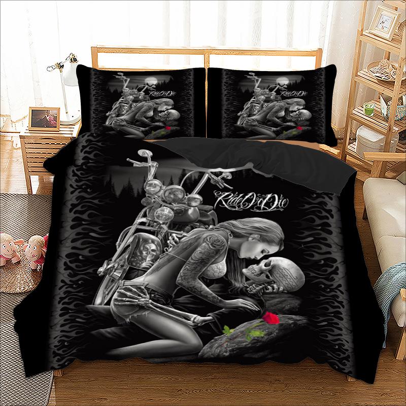 

Gothic Skull Bedding Set  Full Queen King Double Sizes Duvet Cover with Pillow Cases Rider Girl Bed Linens Set, Black