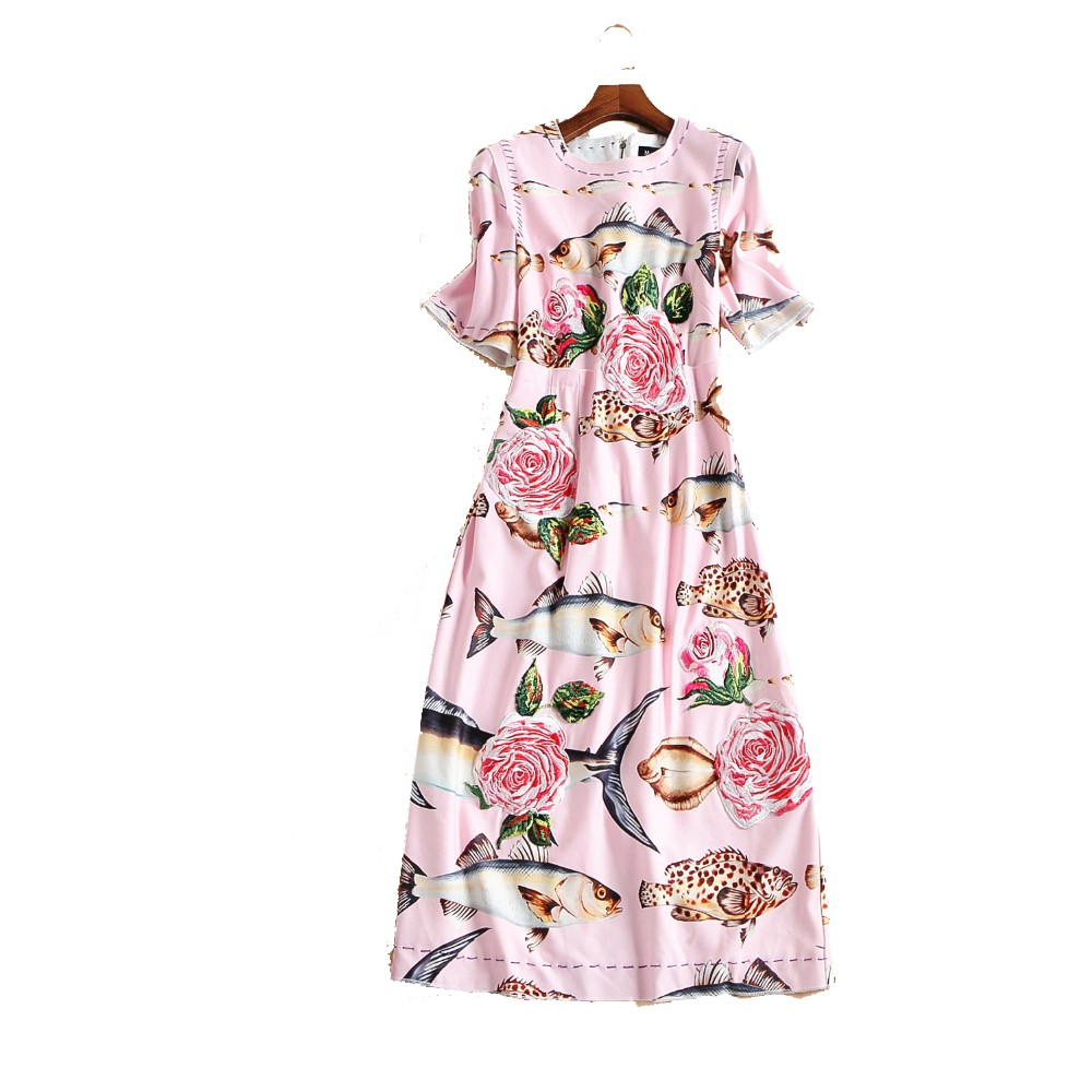 2017 printemps rose/blanc manches courtes soie poisson Roses imprimer longue femmes robe marque même Style robes De Festa 110605