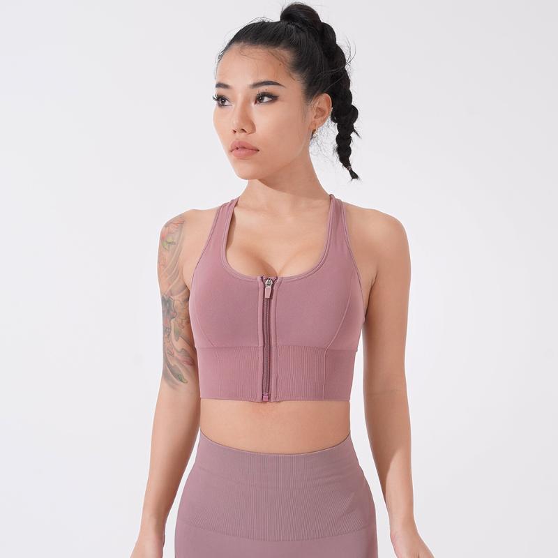 

Fitness Sports Bra Adjustable Zipper Design Crop Top with Pad High Impact Running Gym Top Seamless Workout Yoga Activewear, Black