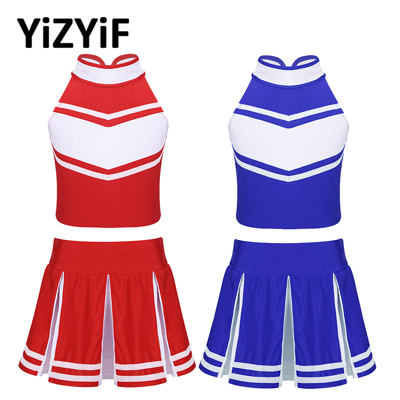 

Cheerleader Costume Kids Girls Jazz Dance Costume Sleeveless Zippered Tops with Pleated Skirt Set School Cheerleading Uniforms