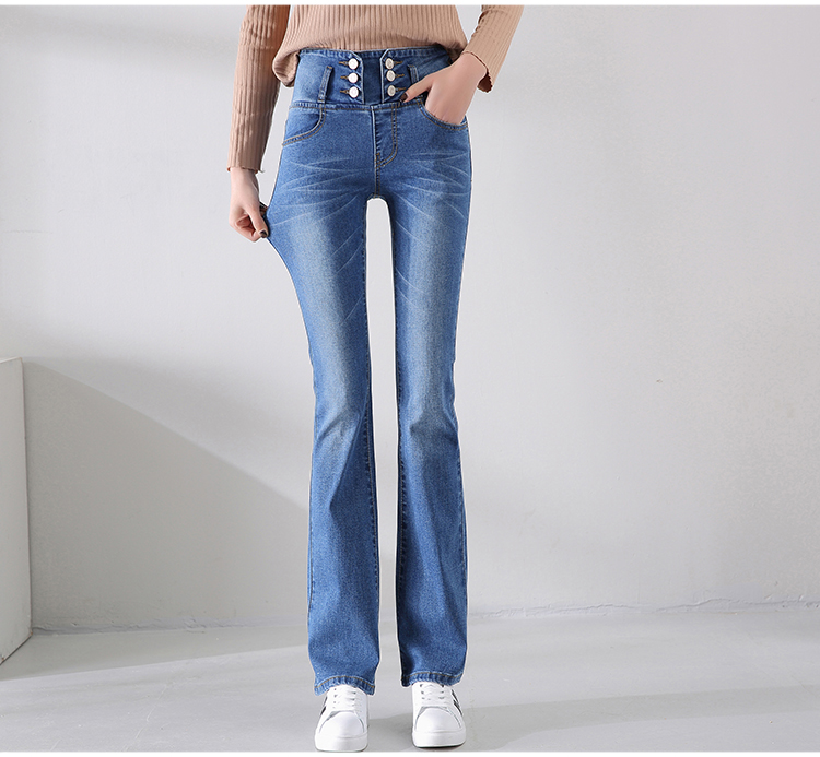 

Light Blue Rows Of Tall Waist Buckle Micro Flared Jeans Trousers