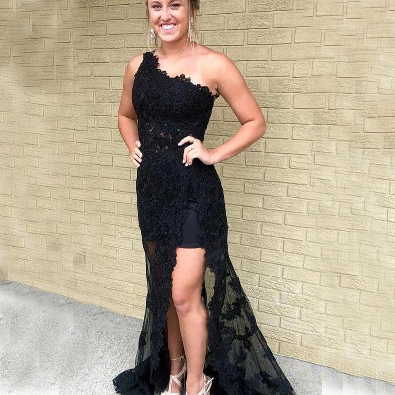 

Sexy Black One Shoulder Prom Gowns Floral Lace Evening Dresses Side Split Elegant Girls Formal Gowns vestido de noche, Yellow