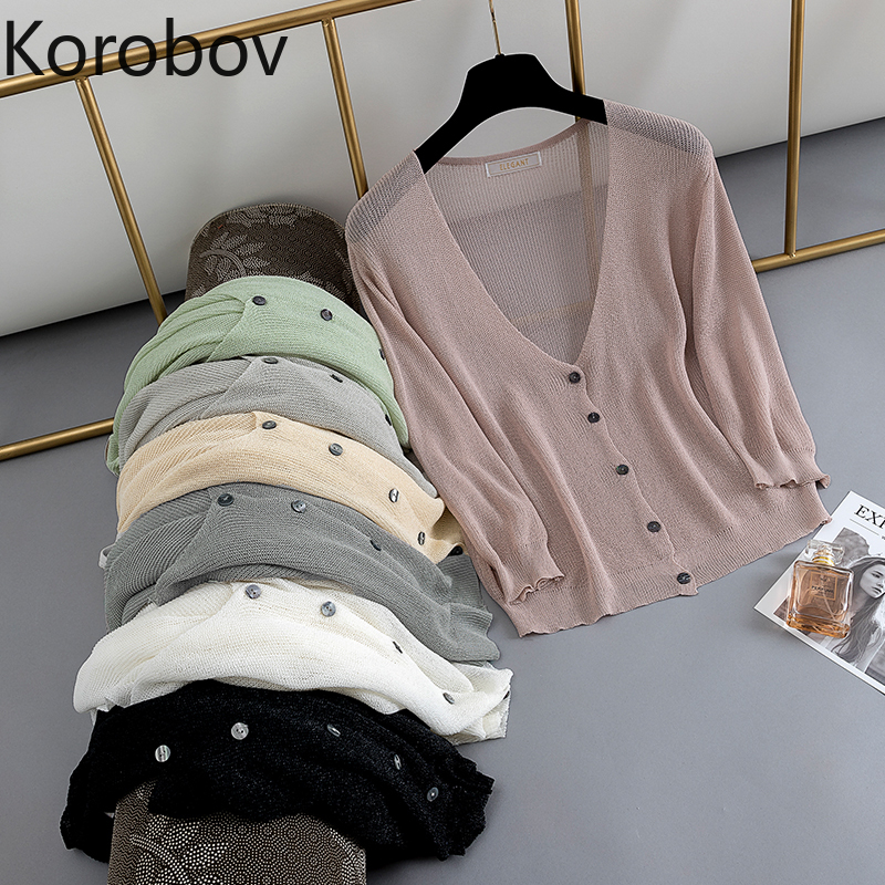 

Korobov Korean Loose Casual Thin Summer Cardigans Single Breasted Three Quarter Sweaters Vintage Solid Sueter Mujer 78442, Darkgray