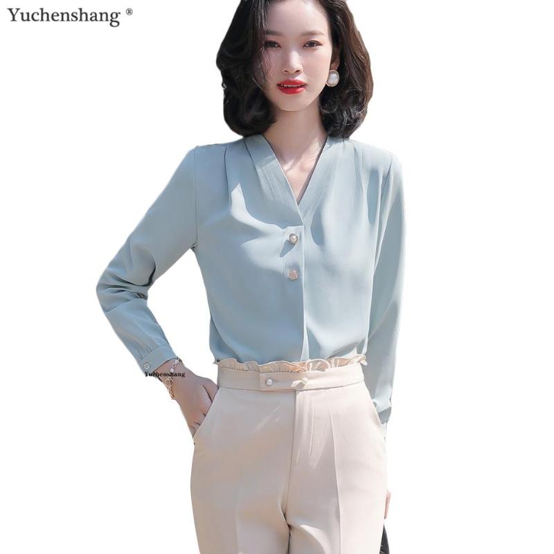 

Fashion High Quality Women V-Neck Collar Blouses shirt New Winter Autumn Wear Tops Size -4XL Pale Green White Blouses, Pale green blouse