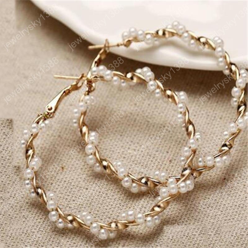 

New Gold Tone Simple Vintage Hoop Earrings For Women Big Circle Pearl Twisted Earring Brinco Fashion Female Statement Earring, Golden;silver