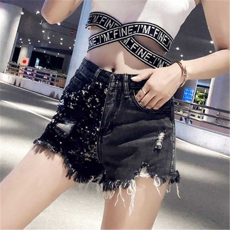

2020 New Summer Women Temperament Ciotton Embroidery Sequined Washed Denim Shorts Ladies Tassek Wide Leg Loose Jeans Shorts T94, 712 blue
