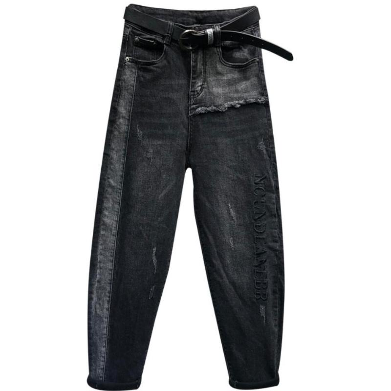 

2019 autumn new stitching embroidery black gray carrot jeans women high waist loose Harem pants