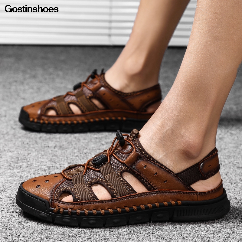 

Sandalia Masculina Sandale Homme Cuir Hollow Out Closed Toe Large Size Fashion Casual Shoes Men Sandal Sandalen, Black