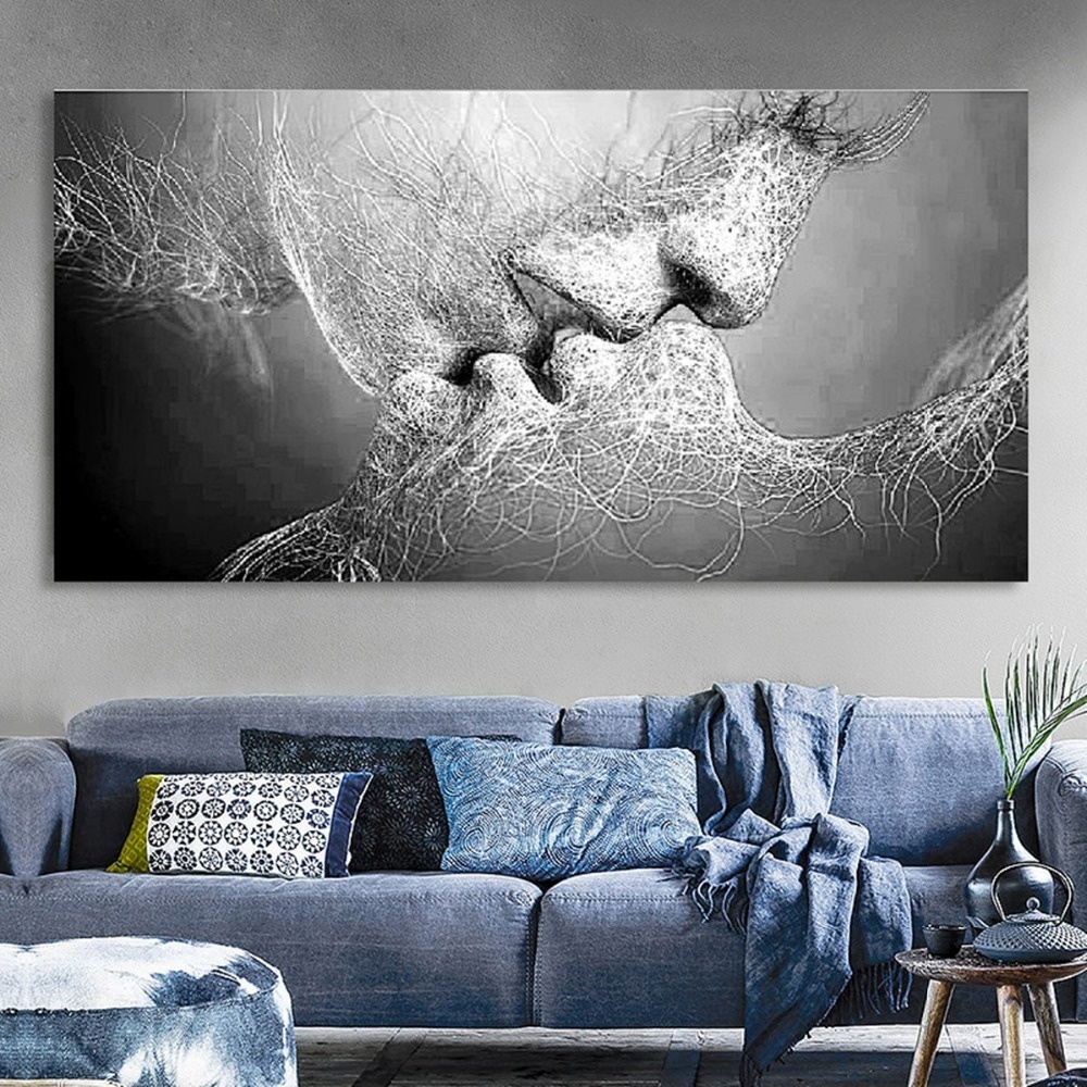 4 Panneau Cr/éer Idear Noir et Blanc Amour Baiser Art Abstrait Toile Peinture Mur Art Photo Impression D/écoration pour chambre salon