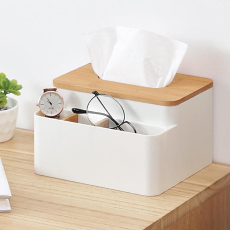

Wood Tissue Box with 3 Movable Compartments Organizer Multi-purpose Desktop Organizer for Home Office