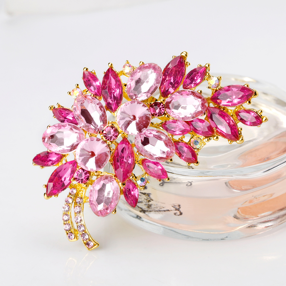 

Big Size Full Crystal Accessories Small Flower Cluster Leaf Purple Brooches for Women Wedding Bouquets Gold Color Brooch Jewelry