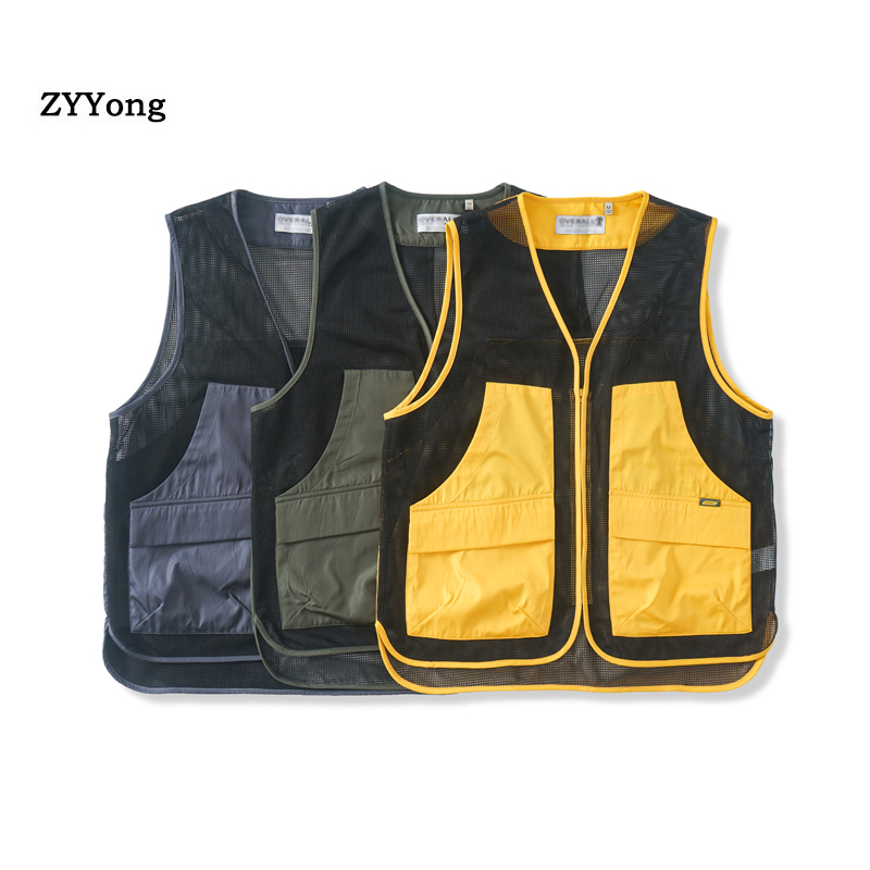 

2020 Vest Pocket Man Thin Mesh Summer Men's Vest Multi-pocket Waistcoat Sleeveless Jacket Coat Men Streetwear Hip Hop Clothing, Gray