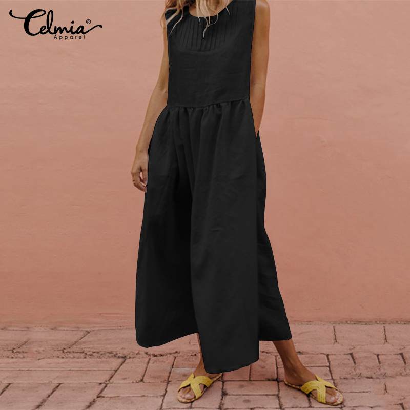 

5XL Celmia Plus Size Summer Dress Women Sexy Sleeveless Long Maxi Sundress Casual Loose Beach Robe Solid Pleated Party Vestidos, Black