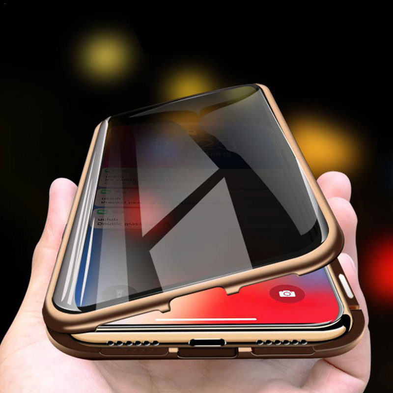 

Privacy Metal Magnetic Cases For iPhone X XR Xs 11 12 Pro Max Anti Peeping Clear Double Sided Tempered Glass Thin 360 Full Protective Prevent Peeping Cover, Red