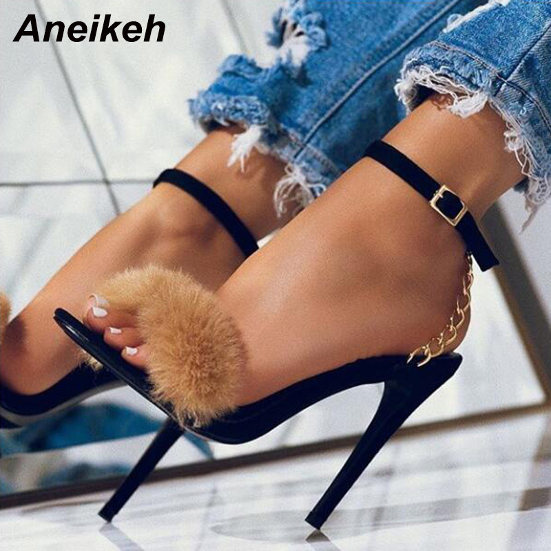 Aneikeh 2020 Sweet Fashion Sandals Women Shoes Villi Chain Thin High Heels Round Toed Wedding Dress Ankle Buckle Strap Black 42 T200519