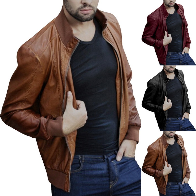 

2019 Mens Zip Front O Neck PU Leather Jacket Casual Long Sleeve Motorcycle Coats Solid Slim Zipper Jackets Male Plus Size 5XL, Black