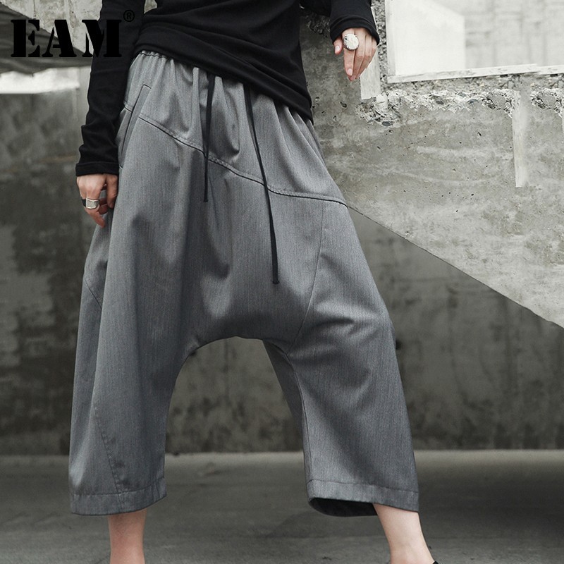 

EAM] High Quality 2020 Spring Solid Color Spliced Pockets Ankle-length Pants Cross-Pants Fashion New Women' Wild LA921, Light gray