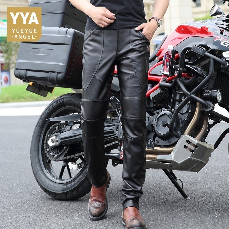 

2020 New Arrival Male Trousers Fashion Genuine Leather Man Skinny Pants Slim Fit Motorcycle Trousers Casual Men Pencil Pants, Black