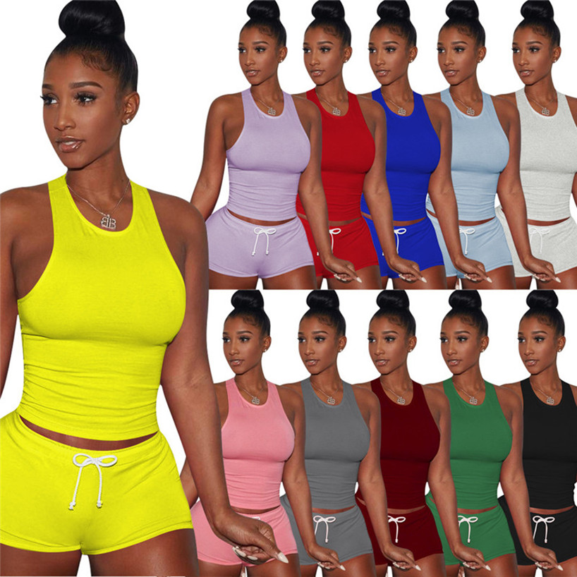 Women Solid Tank Tops+Shorts Sweat Suit Sleeveless T-shirts 2 Piece Set Outfits S-2XL Breathable Absorb Pullover Summer Clothing 2994