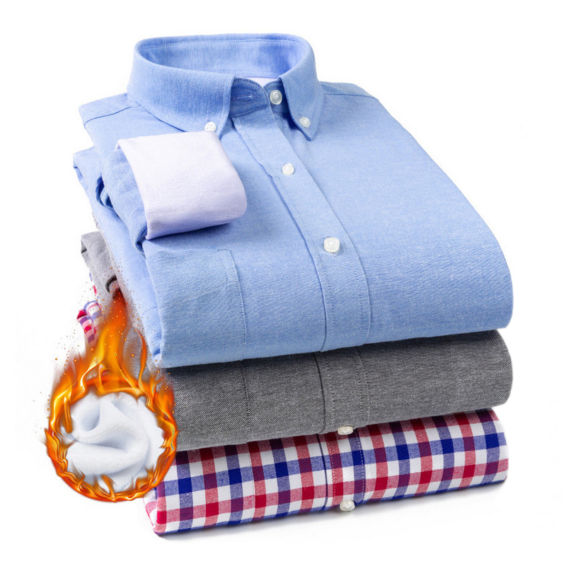 

2020 Winter Thick Shirt Men's Oxford 60% Cotton Regular Long Sleeve Slim Fit Solid Warm Soft Velvet Business Casual Men Shirts, 1947-15