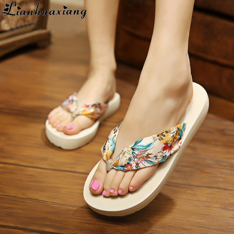 

Lianhuaxiang Summer New Bohemia Satin Slope Heel Beach Female Flip Flops Women Slippers, Beige