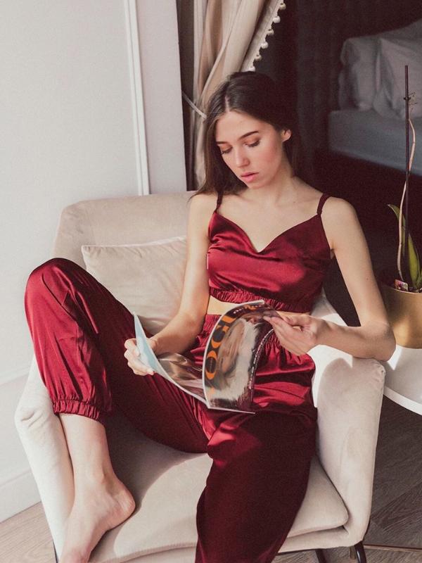 

Suphis Solid V-Neck Sleeveless Sexy Sleepwear Elastic High Waist Two Piece Set Top And Pants Women Pajamas Satin Set Lounge Wear